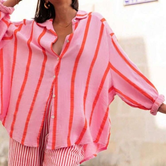 Tops - Women’s Pink + Red Striped button up collared blouse | Size Medium | NEW